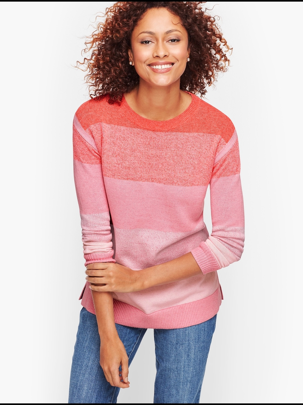 Talbots Colorblock Crewneck Sweater in Coral and Pink